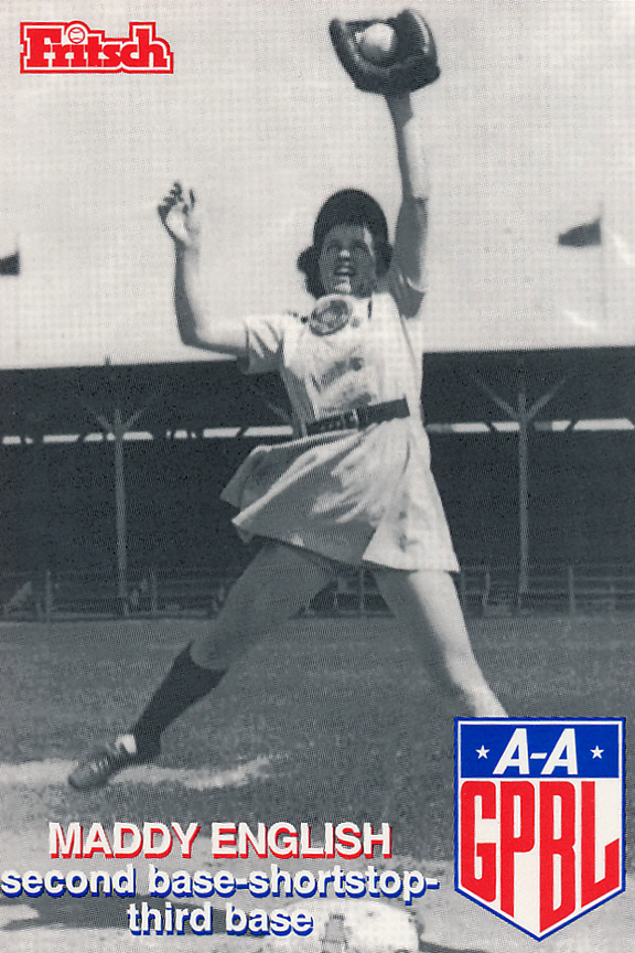 Madeline English of the Racine Bells A female baseball player, wearing a skirt and jumping to catch a baseball.