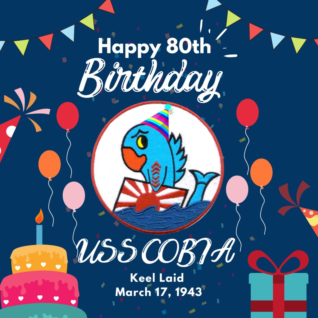 A birthday card with Cobia's logo, balloons and cake