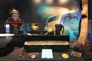 Shipwreck artifacts in a display case