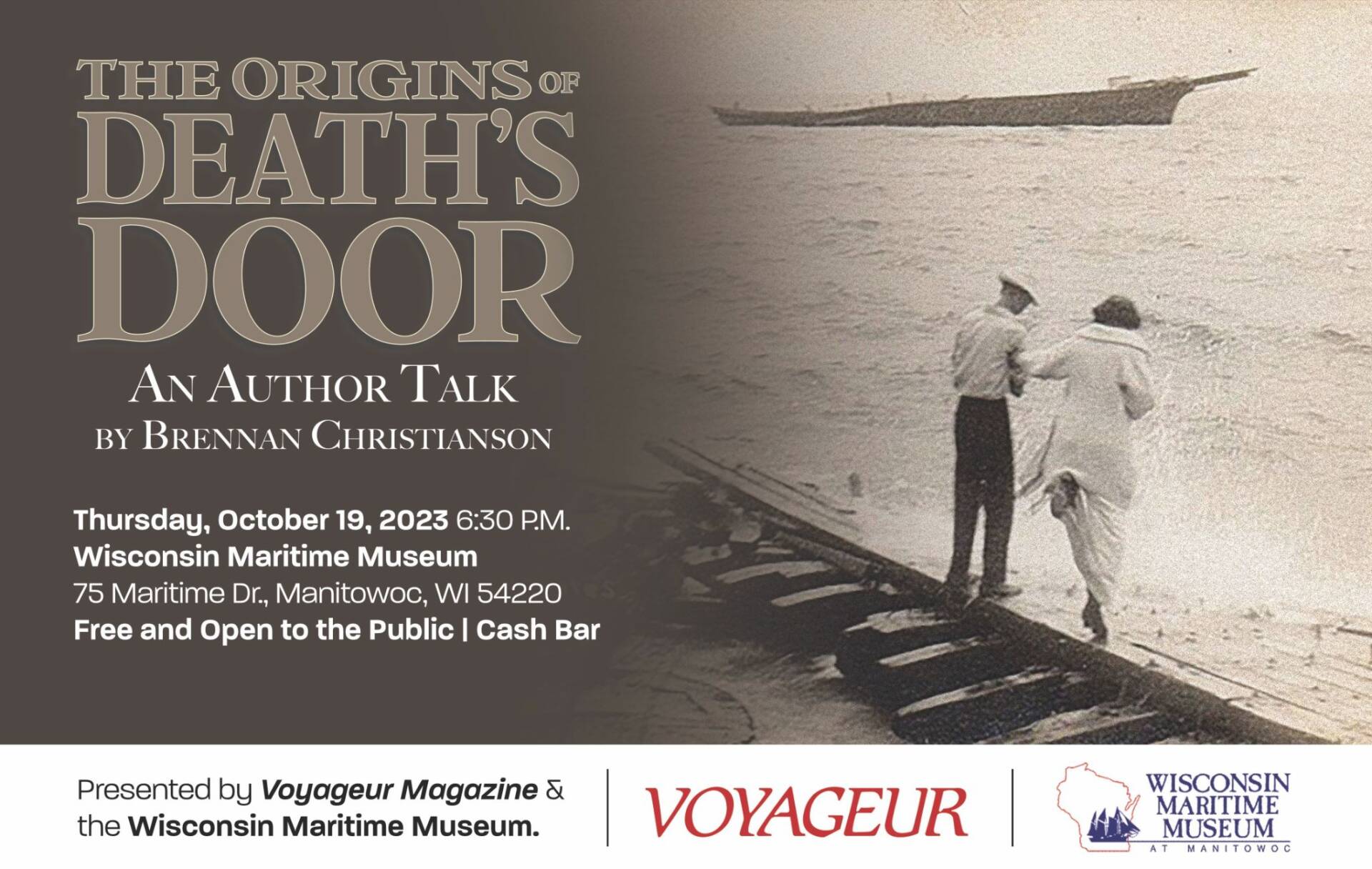 Promotional ad with a black and white photo of a couple standing on a piece of a shipwreck that has washed ashore.