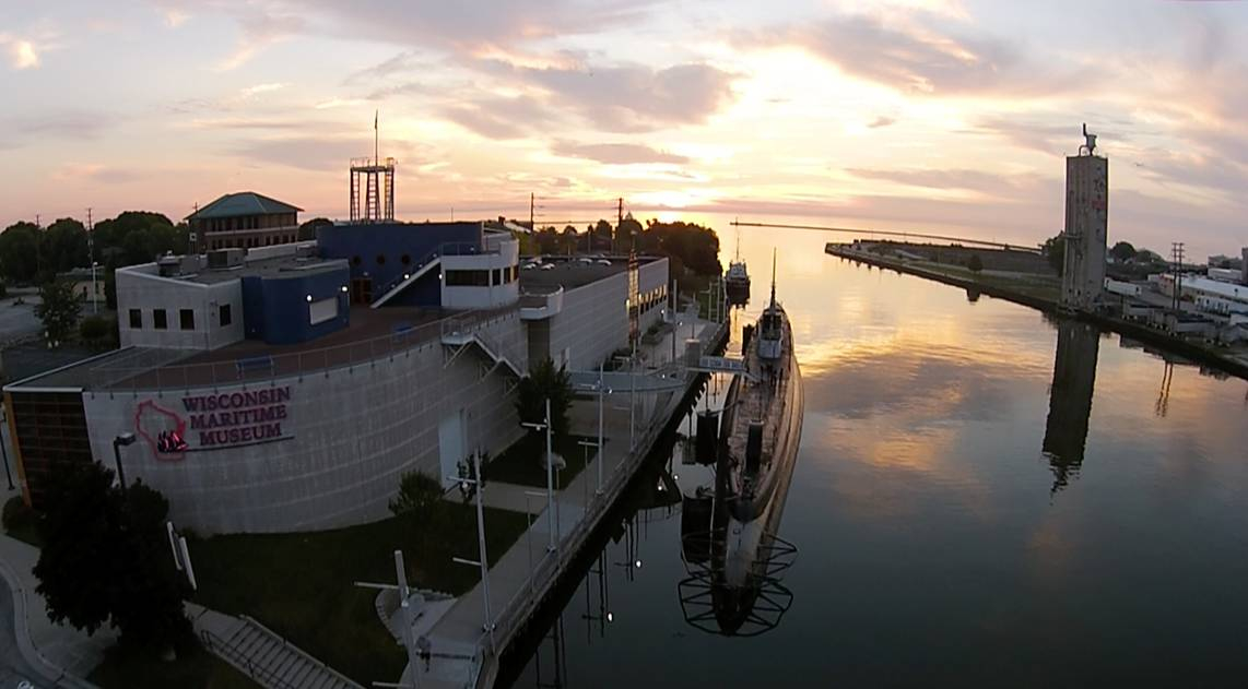 dron image overlooking the museum and submarine at sunrise