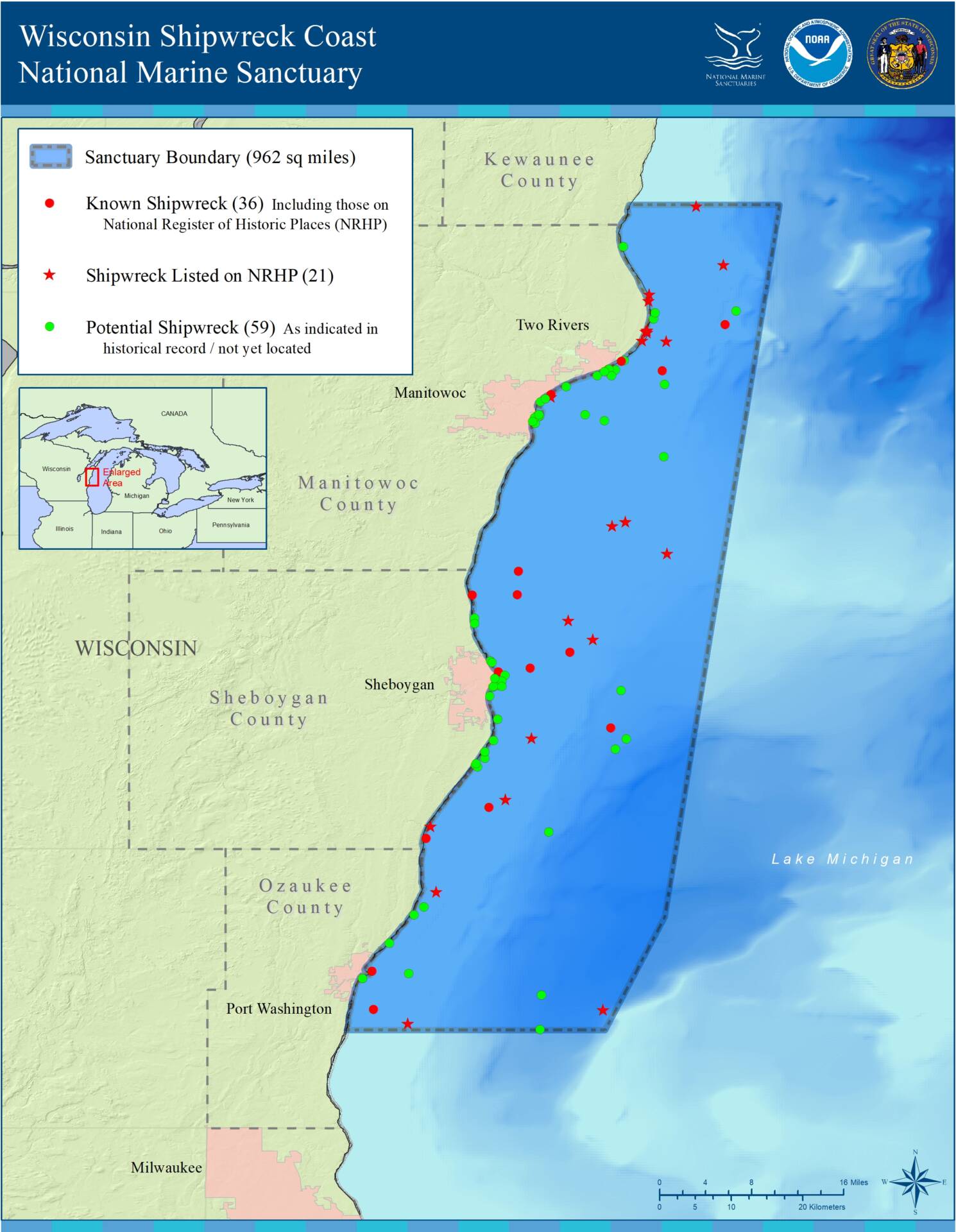 Shoreline map of a portion of WI. Dark blue are along the coast showing the sanctuary bounding with red dots for shipwrecks.